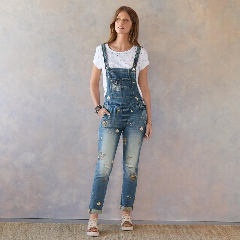 Driftwood Frida Denim Overalls Womens Small Blue Floral Embroidered Distressed